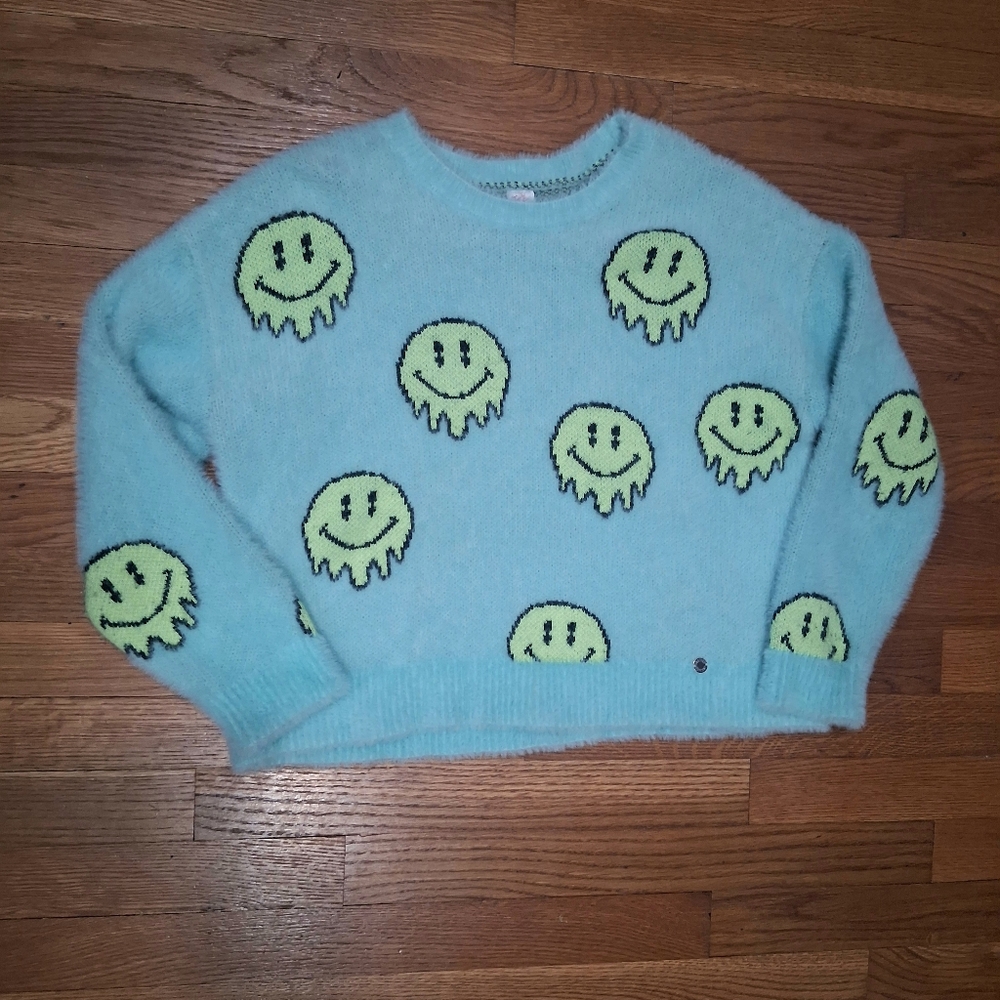 Justice Light Blue Sweater with Neon Green Smiley Faces Girl Size L (12/14)